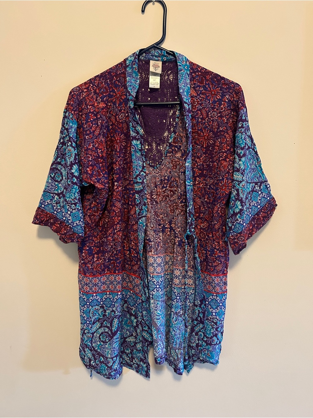 Printed Lightweight Kimono Robe Cardigan- Blue & Purple, crochet back